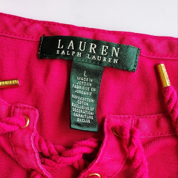 Lauren Ralph Lauren top blouse V-neck tie, cotton casual outfits Colorful Large. - Picture 4 of 11